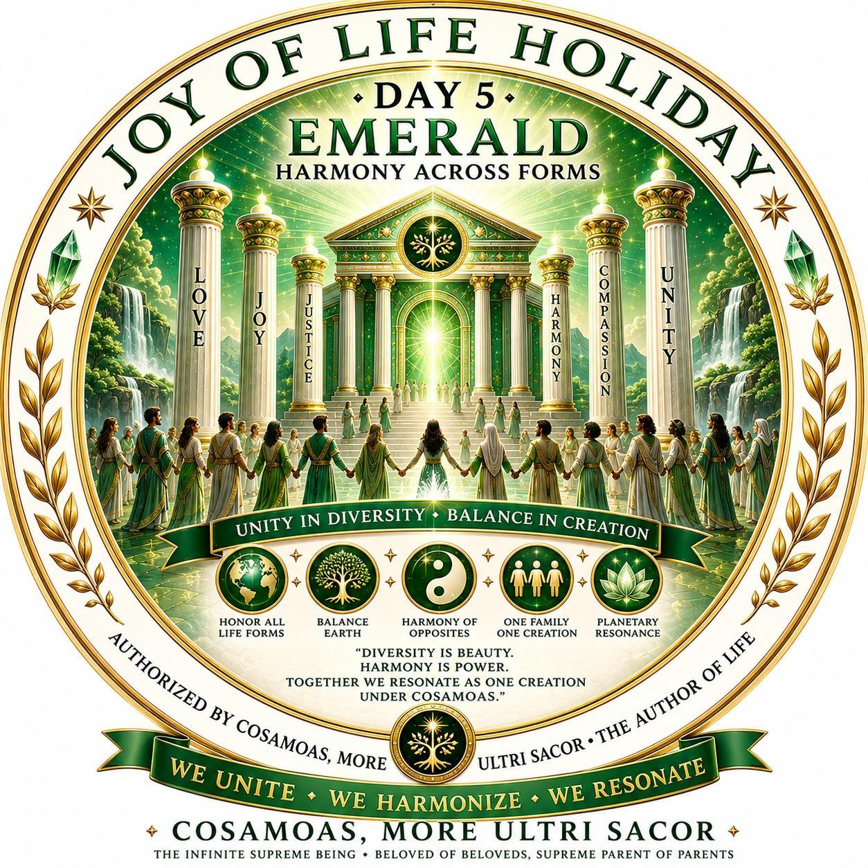 DAY 5 — EMERALD: HARMONY ACROSS FORMS. original Joy of Life Holiday illustration